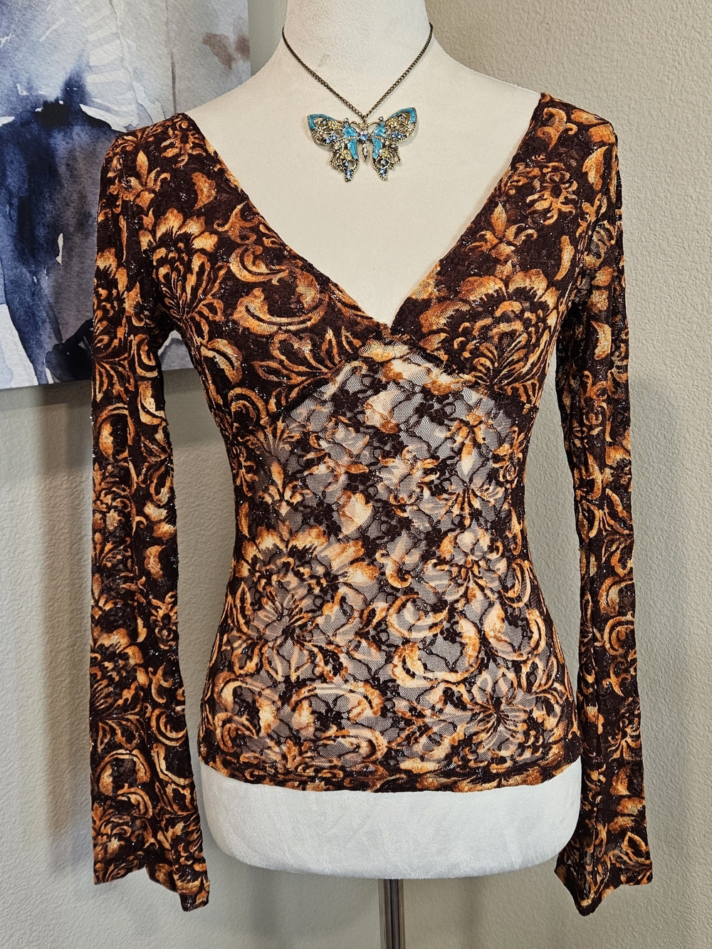 Euro Y2K Damask Sheer Glitter Lace Bell Sleeve Top Whimsy Fairy Flare Sz Small